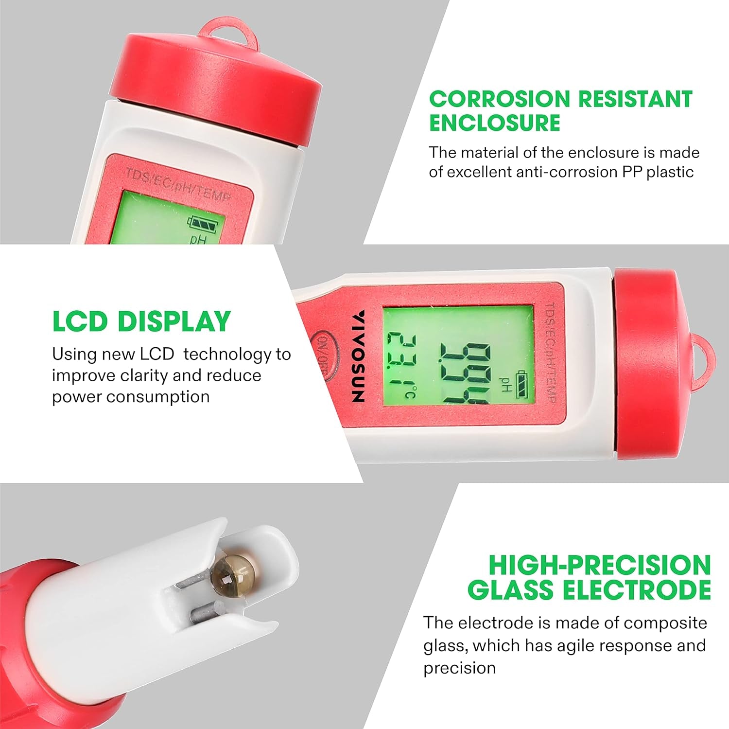 VIVOSUN 4-In-1 Digital pH Meter with pH/TDS/EC/Temp Function